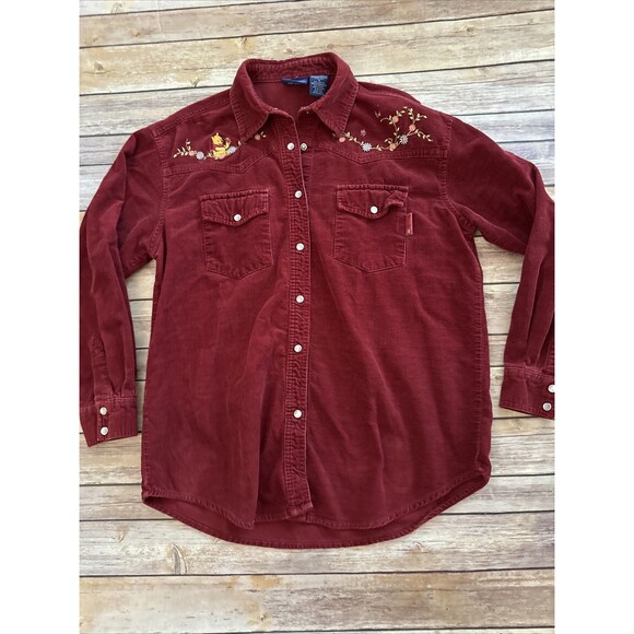 Vintage Disney Winnie The Pooh Corduroy Pearl Snap Button Shirt Red Embroidered - Picture 1 of 8